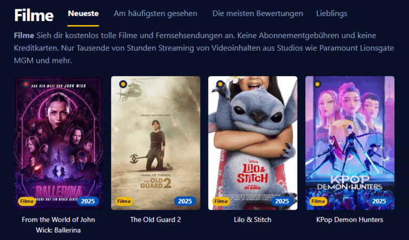 Bildschirmfoto der Filmpalast-Benutzeroberflaeche die verschiedene Filmtitel und Serienepisoden anzeigt